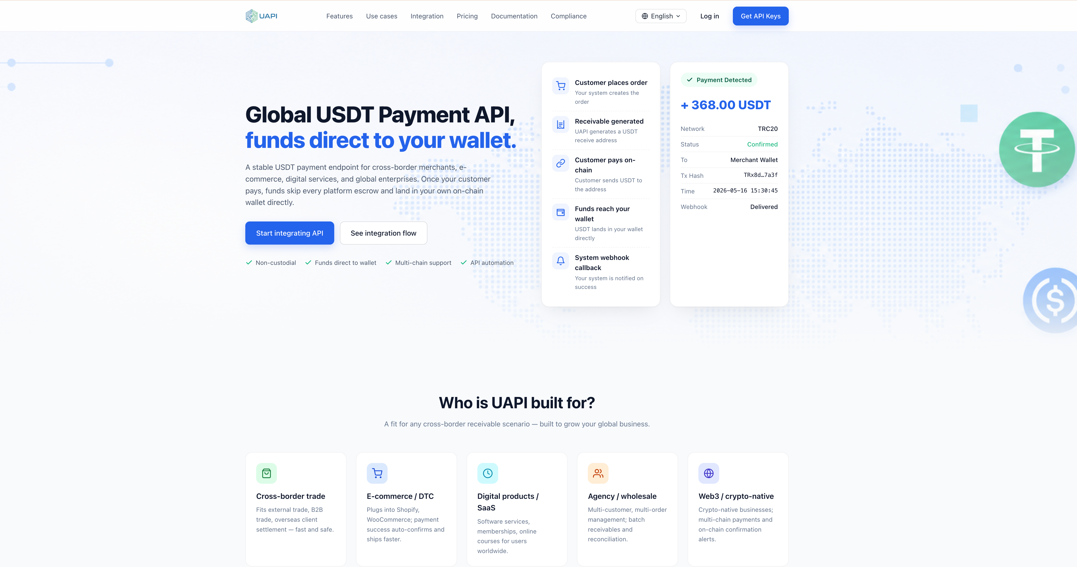 UAPI 官网，展示 USDT 支付 API 与应用场景